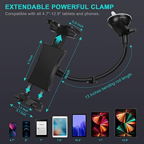 Ultimate 360° Flexible Car Tablet Mount with 13″ Gooseneck – Secure Windshield Holder for i Pad Pro, Samsung Galaxy & More – Adjustable Viewing Angle for Safe Navigation & Hands-Free Calls – Ideal for Truck & SUV Use – Enhanced Compatibility for 4.7″ to 12.9″ Devices