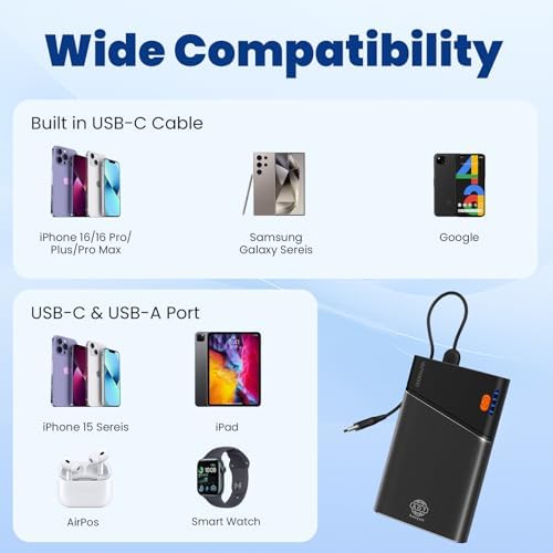 Sleek 5000 m Ah Pink Portable Power Bank with Integrated USB-C Fast Charger – Ultra-Compact Mini Battery Pack for i Phone 16/15/14 & Samsung S24 – Lightweight Design with Handy Lanyard for Effortless Travel Charging