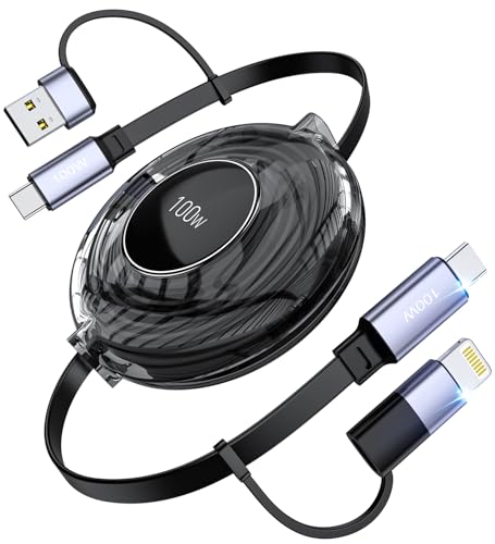 Revolutionary 4-in-1 Retractable USB-C Charging Cable for i Phone 16, Samsung, Mac Book & i Pad – 100 W High-Speed Power Delivery, Tangle-Free Storage, and Sleek Black Design for Ultimate Portability in Home, Office, and Travel Settings