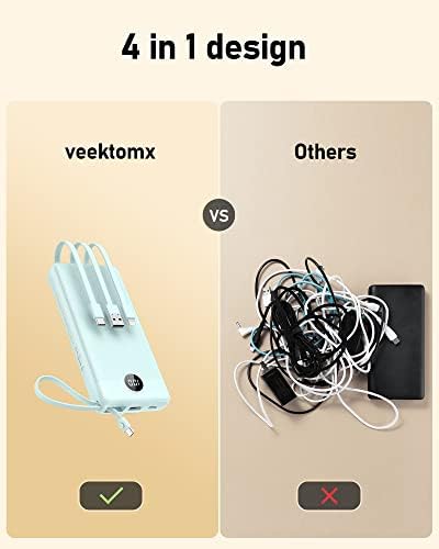 VEEKTOMX 10,000 m Ah Portable Power Bank with Integrated Charging Cables – Slim, Lightweight Fast Charger for i Phone, Samsung, and Android Devices – Essential Travel Companion with Intelligent Charging Technology for On-the-Go Convenience