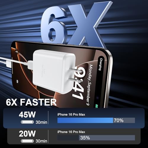 Accelerate Your Power Needs with Our 45 W Ultra-Fast USB-C Charger for Phone 16 Series – Includes a 10 ft Type C Cable in Eye-Catching Purple – Perfectly Crafted for Swift Power Delivery to Phone 16 Pro, Max, Plus & Earlier Models – Unleash Maximum Charging Efficiency and Aesthetic Appeal for Tech Enthusiasts on the Move