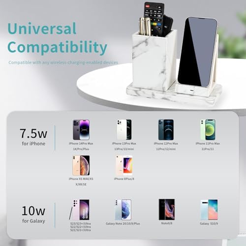 Sleek Marble Finish Wireless Charging Station with Desk Organizer – Fast Qi-Certified Charger for i Phone 13/12/11 Series, Effortless Device Power-Up & Luxurious Leather Accents for an Organized Workspace