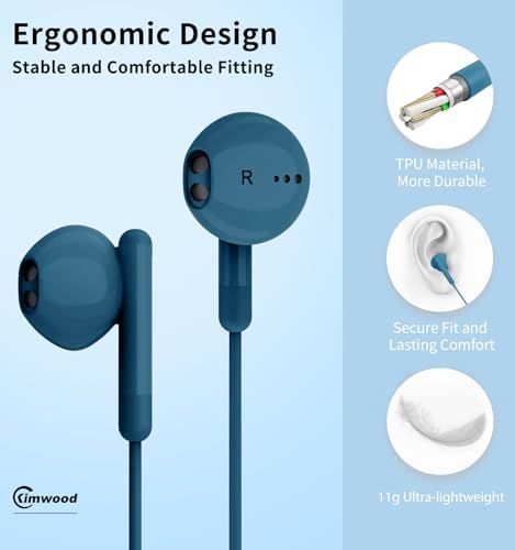 Premium Wired Earbuds with Microphone – Hi-Fi Stereo In-Ear Headphones for Powerful Bass & Crystal Clear Audio – Compatible with i Phone, Android & Most 3.5 mm Devices (Blue) – Ergonomically Designed for Comfort and Enhanced Daily Listening Experience