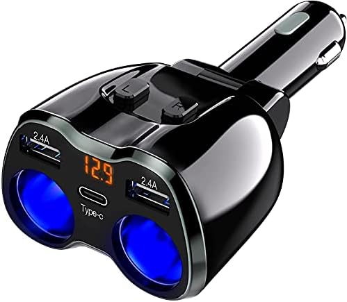 Otium Dual USB Type-C Car Charger with Dual Cigarette Lighter Socket Splitter – Rapid Charging Solution with LED Voltage Monitor – Replaceable 10 A Fuse Ensures Maximum Safety – Perfect for Mobile Phones, GPS Units, and Dash Cameras in 12/24 V Vehicles