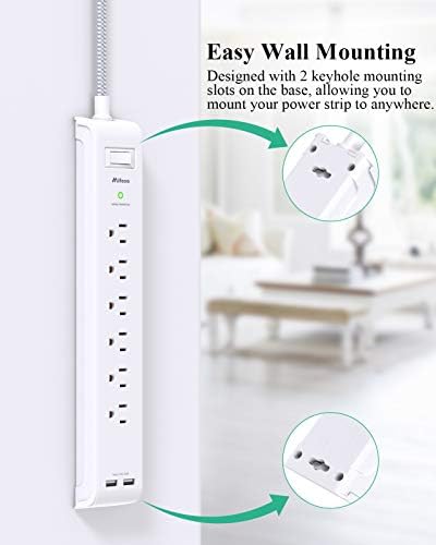 Dual Pack 12 FT Power Strip with 6 AC Outlets & 4 USB Ports, Including 2 USB-C – Versatile Surge Protector for Home, Office, and Dorm Use – Space-Saving Flat Plug Design, Wall Mountable for Ultimate Convenience and Safety