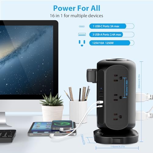 Revolutionize Your Charging Experience with the AOFO Power Strip Tower: 12 AC Outlets & 4 USB Ports (1 USB-C) Surge Protector with 10 Ft Extension Cord, Overload Protection, and Bulky Plug Compatibility for Home, Office, and Dorm Efficiency.