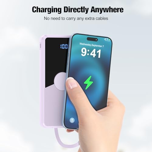 Ultimate Portable Charger with Built-in Cables – 10,000 m Ah High-Speed Power Bank for On-the-Go Charging – 5 Outputs & 3 Inputs – Sleek Purple Travel Battery Pack for i Phone, Samsung, i Pad, Tablets – Enhanced Durability & Convenience