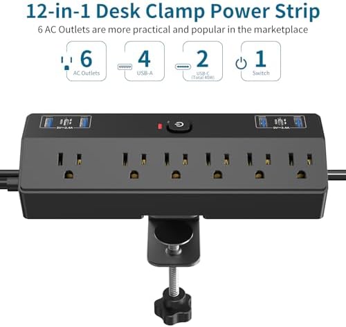 Ultimate Desk Clamp Power Strip with 10 FT Extension Cord – 6 AC Outlets & Dual USB-C Fast Charging Station for Seamless Office Connectivity – Removable Surge Protector for Up to 1.8″ Tabletop – Enhance Your Workspace Efficiency and Stay Powered Up