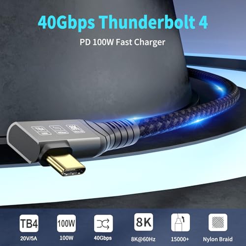 USB-C 4FT 40Gbps Braided Cable – 90 Degree, 8K Display, 100W Charging, Compatible with Thunderbolt 4/3 USB4/3, MacBook Pro, External SSD, eGPU – Enhanced Compatibility and Speed