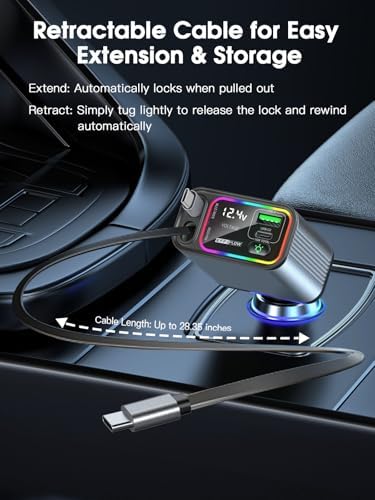 Ultimate 107 W Fast Charging Retractable Car Charger with Built-in Lightning & USB-C – Superior Compatibility for i Phone 16/15/14, Samsung S24/S23/S22, Pixel 9/8/7 – Sleek Black Design for Organized Travel and Efficient Power Solutions
