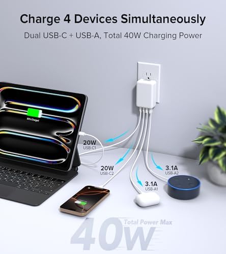 Elevate Your Charging Game with the 2 Pack Flat USB C Charger Block – 40 W Fast Charge Hub for i Phone 12-16, i Pad & Samsung Devices, Featuring 4 Ports for Simultaneous Power Delivery & Quick Charge, Sleek Light Blue Travel-Friendly Design Ideal for Home & On-the-Go Use