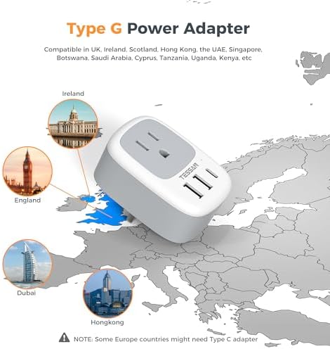 TESSAN Universal Type G UK Travel Adapter with 3 USB Ports & USB-C Charger – Effortless US to UK Plug Conversion for Global Travelers to England, Ireland, Qatar, Hong Kong, Dubai, and More – Compact Power Solution for Fast and Safe Device Charging