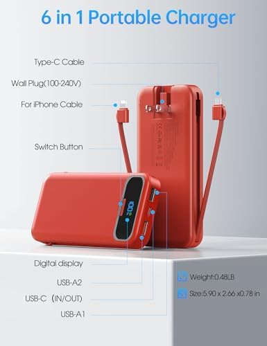 Ultra-Compact 12000 m Ah Power Bank with Built-in Charging Cables & AC Plug – 20 W PD Fast Charging for i Phone, Samsung, Android, USB-C Devices – Travel-Friendly External Battery Pack in Purple – Unmatched Portability and Efficiency for On-the-Go Charging Solutions