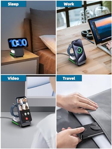 3-in-1 Foldable Mag-Safe Wireless Charging Station for i Phone 16 Pro Max, 15, 14, 13, 12 – Seamless Nightstand Charger for Air Pods & i Watch – Compact Multi-Device Power Hub in Sleek Black Finish for Enhanced Efficiency and Travel Convenience
