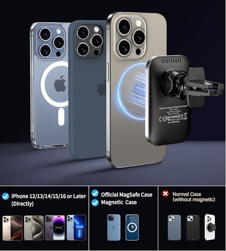 Mag Safe Car Mount Charger for i Phone – 360° Rotating Magnetic Wireless Vehicle Charger with Fast Charging Capability, Perfectly Compatible with i Phone 16/15/14/13/12 Series, Effortless Air Vent Installation for Ultimate Convenience