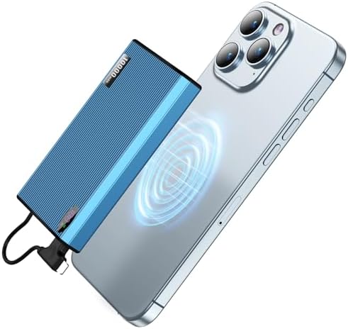 Ultra-Slim Magnetic Power Bank – 10,000 m Ah Portable Charger with Built-In Cable for i Phone 15/14/13/12 – Fast 20 W USB-C Two-Way Charging, Lightweight & Compact Design in Stylish Gray – Essential Travel Power Solution