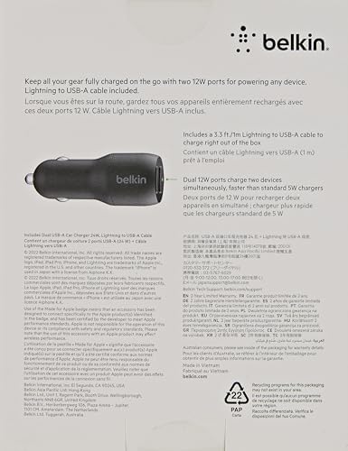 Belkin 24 W Dual USB Car Charger with Lightning Cable – High-Speed Charging Solution for i Phone, Samsung Galaxy, Air Pods & More – Compact and Durable Dual USB-A Power Adapter for Effortless On-the-Go Connectivity – Ultimate Versatility for Multiple Devices