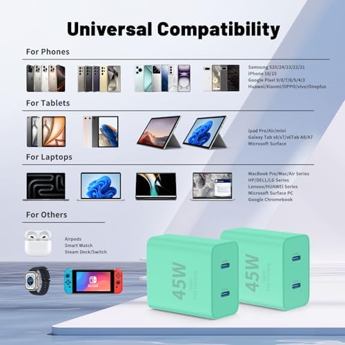 Ultimate Fast Charging Solution for i Phone 16/15 Pro Max – 45 W Dual Port USB-C Charger Block (2-Pack) with Extra Long 60 W Cables – PD Quick Adapter 3.0 for Enhanced Device Compatibility and Speed – Perfect for Home or On-the-Go Charging