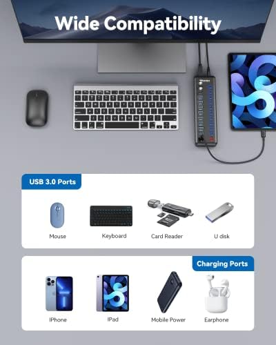 WENTER 10-Port USB Hub 3.0 with SD/TF Card Reader – Premium Aluminum Fast Charging Hub for High-Speed Data Transfer and Ultimate Device Connectivity – Perfect for PCs, Laptops, and Multitaskers