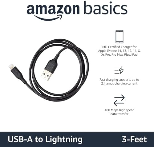 Amazon Basics MFi Certified 2-Pack Lightning Charger Cables – 6 Foot USB-A to Lightning, Optimized for i Phone 14, 13, 12, 11, X, Xs Pro, Pro Max, Plus & i Pad – Durable ABS Design for Fast Charging & Data Syncing, Sleek Black Finish, Essential Backup Solution