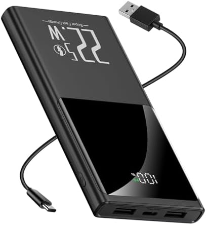 Ultra-Slim 10000 m Ah Portable Charger with 22.5 W Fast Charging – Compact Power Bank for i Phone 12-16, Samsung, Google & Android Devices – LCD Display & Dual USB-C Ports for Effortless Charging on the Go
