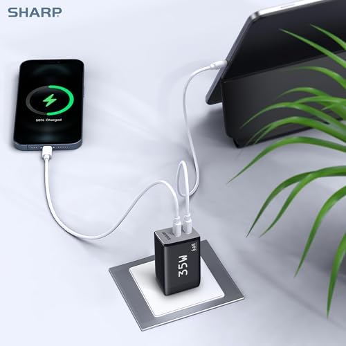 Optimize Your Charging Routine with the Sharp 35 W Dual USB-C Charger – Compact Ga N Fast Charging Adapter for i Phone 15, i Pad Pro, and More – Foldable, Portable Design for Effortless Charging Anywhere – Versatile Compatibility for All Your Essential Devices