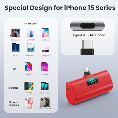 Compact 5200 m Ah Power Bank with Built-In USB-C for i Phone 15 and Samsung Devices – Fast Charging, LCD Display, Lightweight Red Design for On-the-Go Convenience and Enhanced Compatibility