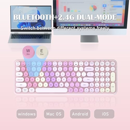 Multitask in Style: Rainbow Pink Wireless Dual Mode Keyboard with Retro Round Keycaps – Connect 3 Devices Effortlessly for Enhanced Productivity and Comfort