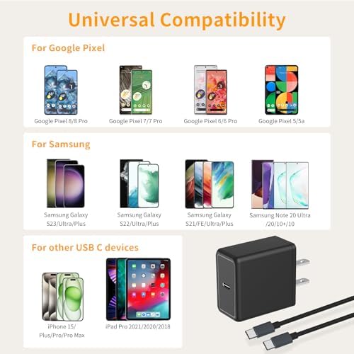 Looptimo 30 W USB-C Fast Charger Bundle for Google Pixel – Ultimate Rapid Charging Power Adapter with 6.6 ft Type C Cable for Enhanced Compatibility and Performance Across Pixel Models 4-9 Pro XL – Compact, Durable, and Travel-Friendly Solution for Busy Lifestyles