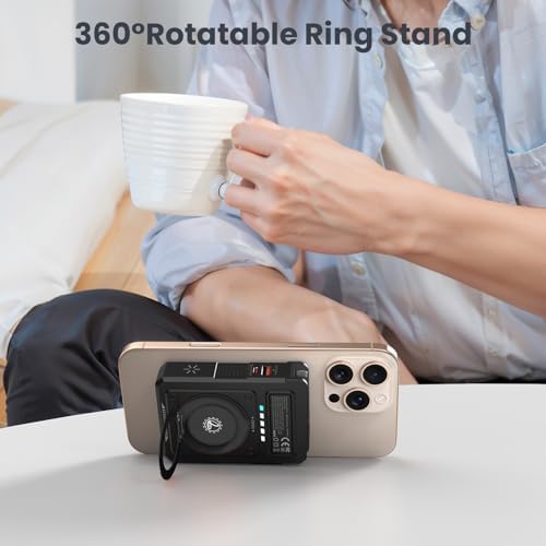 Magnetic 5-in-1 Power Bank with Built-in AC Plug – 10,000 m Ah Mag Safe Battery Pack for i Phone 16/15/14/13/12 Mini, Apple Watch & Air Pods – 22.5 W Fast Wired & 15 W Wireless Charging with 360° Rotating Stand – Effortless Convenience & Advanced Safety Features for On-the-Go Users