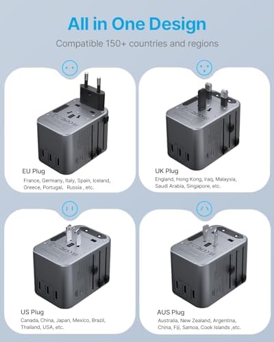 VINTAR Universal Travel Adapter: All-in-One Power Converter with 6 A Output, 3 USB-C and 2 USB Ports for Fast Global Charging Across Europe, UK, USA, and Australia – Essential Travel Accessory for Effortless Device Connectivity and Safety Features