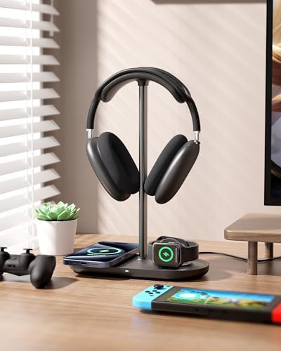 Transform Your Gaming Experience with the Hi We 3-in-1 Premium Headphone Stand & Wireless Charging Dock – Universal Desktop Organizer for Headphones, Air Pods, and Smartwatches – Durable Aluminum Alloy with Elegant Leather Pad and Stable ABS Base – Quick Charge Functionality for All Your Essential Devices