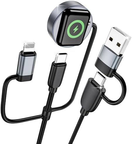 Ultimate 240 W USB-C 4-in-1 Charging Cable for Apple Watch, i Phone, i Pad, Mac Book, and Samsung Devices – High-Speed Travel Charger with Exceptional Compatibility, 5 FT Length for Efficient Multi-Device Charging – Essential Tech Accessory for Fast Power Solutions on the Go
