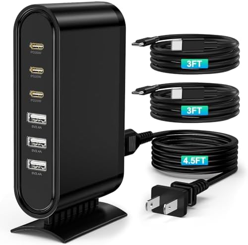 High-Power 96 W 6-Port Ga N USB-C Hub Charging Station with PD 3.0 & USB-A Ports – Multi-Device Fast Charging Solution for i Phone Pro Max, Samsung, and More – Includes 2 x 3 Ft C Cables for Enhanced Compatibility and Efficiency