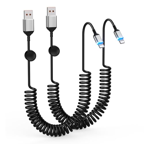 Enhance Your Driving Experience with the 2-Pack 3 FT MFi Certified i Phone Charging Cable for Apple Car Play – Retractable Lightning Cord for i Phone 14/13/12/11, i Pad & Air Pods – Fast Charging & Convenient Storage in Sleek Black
