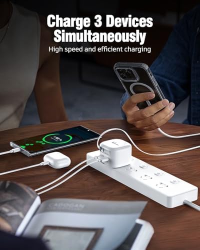 Versatile 3-Port USB Wall Charger with 39.4-Inch Retractable Type C Cable – 35 W Fast Charging Adapter for i Phone 16/15 Pro Max, i Pad, Galaxy, Pixel – Compact Travel Essential for Universal Device Compatibility