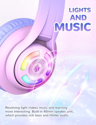 Magical Cat Ear Bluetooth Headphones for Kids – Mesmerizing Gradient Pink with LED Glow, 50-Hour Battery Life, Safe 74/85 d BA Volume Limiting, Superior Bluetooth 5.2 Connectivity & Rapid USB-C Charging for Ultimate Travel Convenience and Enjoyment
