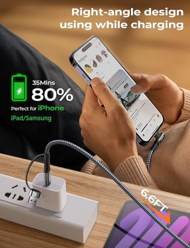 AINOPE 6.6 FT USB C Right Angle Charging Cable with USB to USB C Adapter – 60 W Fast Charging for i Phone 16, 15 Pro, i Pad & Samsung Devices – Enhanced Compatibility & Convenient Access for Gaming and Multitasking