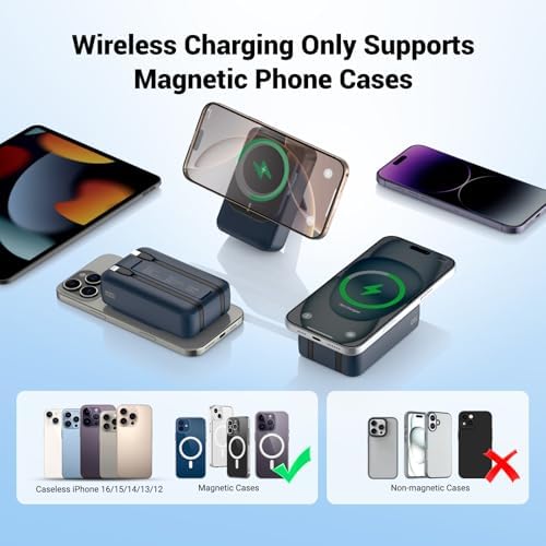 26800 m Ah Magnetic Wireless Power Bank with PD 22.5 W Fast Charging – Multi-Device Portable Charger for i Phone 16/15/14/13/12 Series – Built-in Cables, Kickstand, LED Power Indicator – Universal Compatibility for Smartphones and Tablets – Safe, Efficient Charging Solution in Sleek White Finish