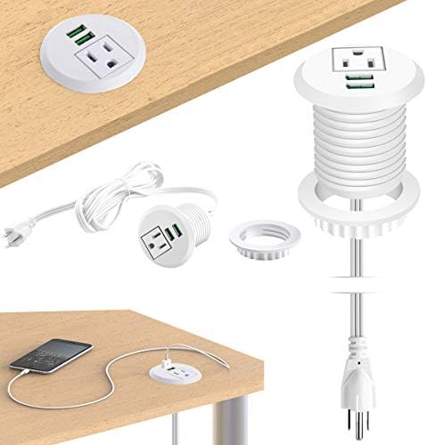 Revolutionize Your Workspace with the 2-Inch Desk Power Grommet Featuring PD 20 W USB-C Fast Charging, Ultra-Flat Plug Design, and Recessed Outlet for Seamless Cable Management – Perfect for Home or Office Use with 6 ft Power Cable (White)