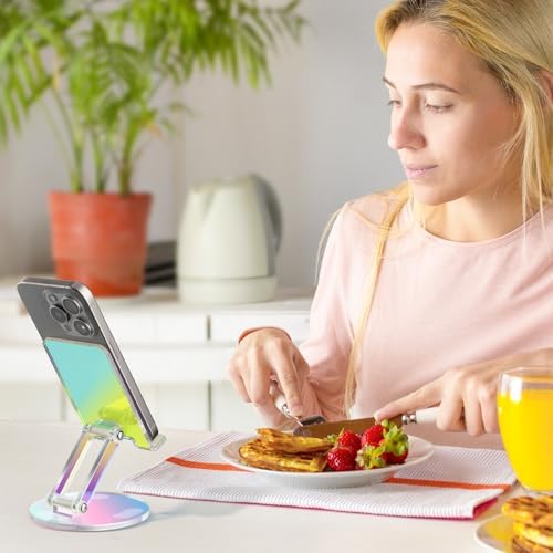 Tomorotec Adjustable Angle Acrylic Cell Phone Stand for Desk, Foldable Acrylic Phone Holder Cute for Office, Portable Non-Slip Desktop Smartphone Holder, Fit for iPhone Samsung Galaxy (Iridescent) – Enhanced Compatibility and Speed