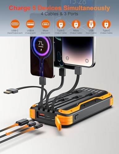 Ultimate 40000 m Ah Solar Power Bank – All-in-One Charging Solution with 20 W Fast Charge, Built-in 4 Cables, and Dual LED Flashlights for Outdoor Essentials – Waterproof, Durable Design for Universal Device Compatibility and Emergency Preparedness