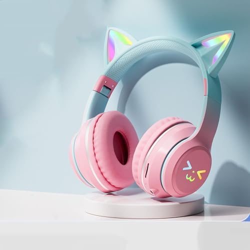Charming Pink Cat Ear Bluetooth Headphones with Vibrant LED Lights – Advanced Wireless 5.0 for Effortless Pairing – Foldable Design Perfect for Kids with Volume Limiting Technology – Ideal for Music Lovers, Gamers, and Ultimate Comfort