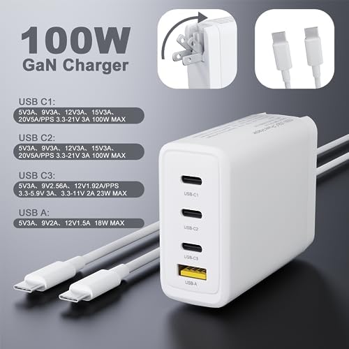 Ultra-Fast 100 W Ga N USB-C Charger for Laptops – Versatile Charging Hub with 4 Ports for HP, Lenovo, ASUS, Mac Book Pro, i Pad Pro, and More – Innovative Power Delivery PD 3.0 Technology for Rapid Device Compatibility – 5 ft AC Cable Included – Safe and Efficient Charging with Advanced Protection Features