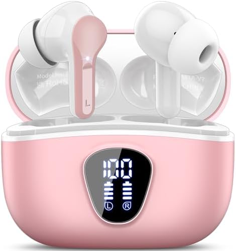 Revolutionize Your Audio Journey: Trendy Pink Wireless Earbuds Featuring Bluetooth 5.4, Advanced IP7 Waterproof Technology, Up to 48 Hours of Continuous Playtime, Premium Hi-Fi Stereo Sound, and Enhanced ENC Noise-Cancelling Microphone for Flawless Conversations and Ultimate Workout Comfort