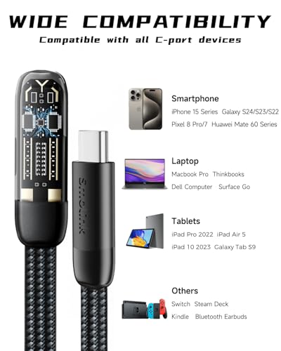 Smolink Right Angle USB C Cable, C to C Cable Fast Charging 100W 2-Pack 6FT, Flat Nylon Braided Type C Port 90 Degree USB C Cable for iPhone 16/15 Series MacBook Galaxy S24/S23/S22, iPad Pro, Black – Enhanced Compatibility and Speed