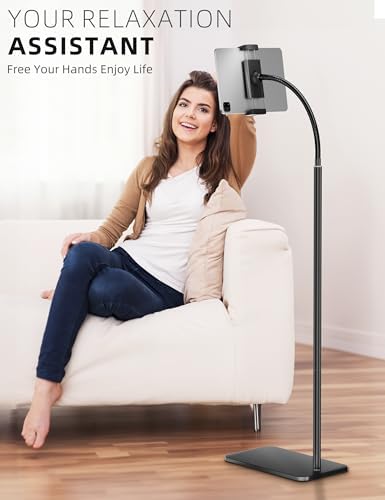 Adjustable Gooseneck Tablet Stand for i Pad and Cell Phones – Metal Floor Holder with Enhanced Flexibility and Stability for Ultimate Hands-Free Experience – Compatible with 4.7” to 13” Devices for Comfortable Viewing Anytime, Anywhere
