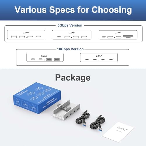 Transform Your Workspace with the EJAY Ultra-Fast 10 Gbps USB C Hub – Premium Aluminum Docking Station Featuring 4 USB 3.2 Ports, Innovative Desk Clamp Design, Additional Power Supply Port, and Extra Long Data/Power Cables for Superior Device Connectivity and Productivity Enhancement
