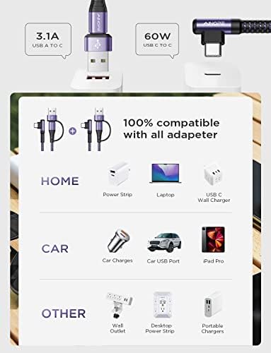 AINOPE 6.6 FT USB C Right Angle Charging Cable with USB to USB C Adapter – 60 W Fast Charging for i Phone 16, 15 Pro, i Pad & Samsung Devices – Enhanced Compatibility & Convenient Access for Gaming and Multitasking