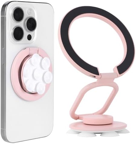 Versatile Magnetic Phone Holder with Suction Cup and Kickstand – Premium Multifunctional Cellphone Stand for i Phone 16/15/14/13/12 Series & Mag Safe Cases in Stylish Pink – Effortless Handling and Secure Mounting for Enhanced Mobile Experience